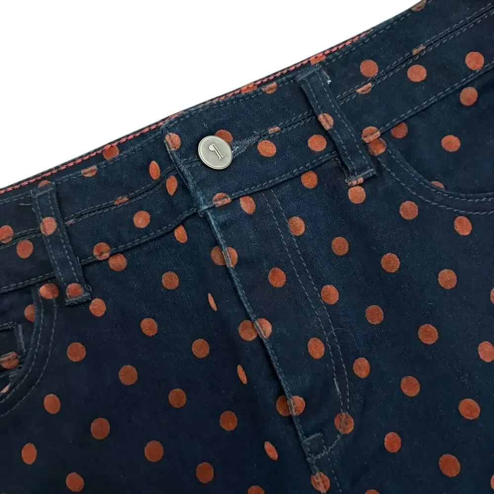 Anthropologie Pilcro Navy Brushed Denim Rust Polka Dot Pencil Skirt 27/4